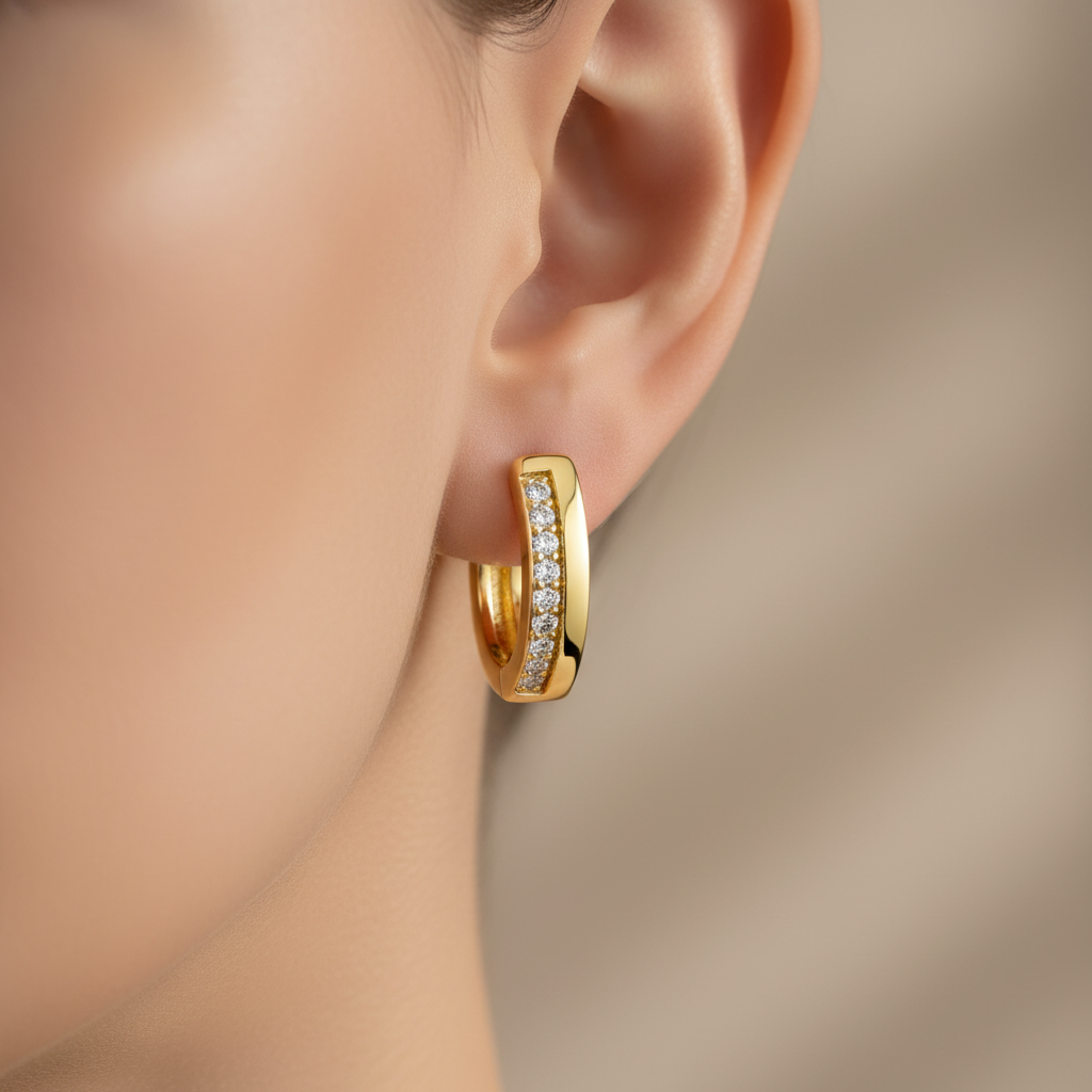 14K Solid Gold Diamond Petit Hoop Earrings